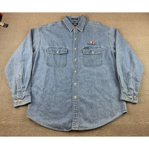 Y2K Dickies Denim Shirt Blue L Button Down Embroidered Auto Erotica Italy Flag - Picture 1 of 11